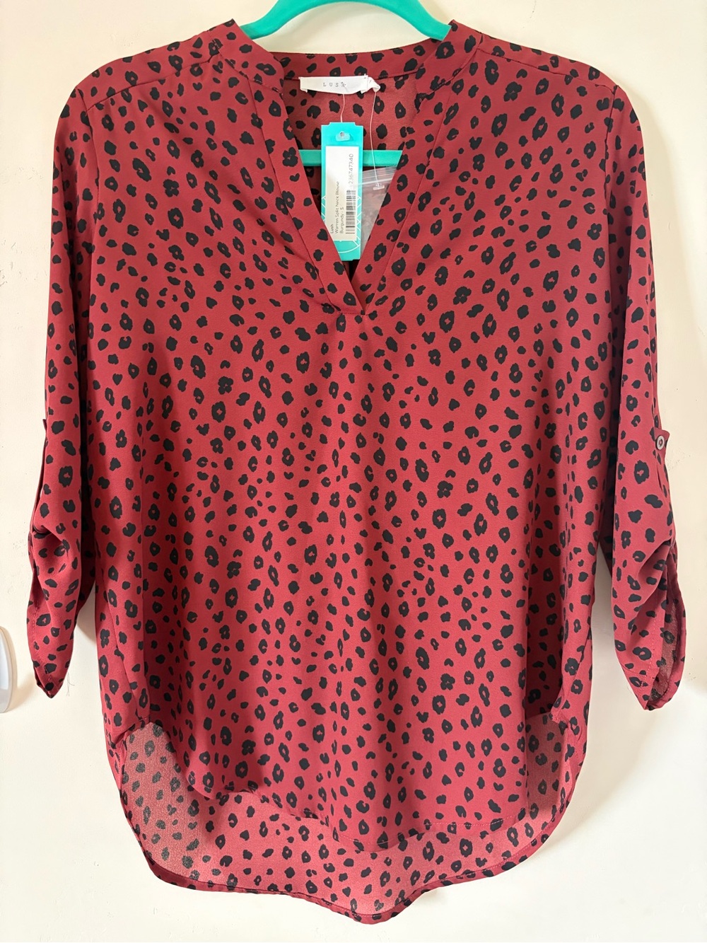 Lush Burgundy Dot-Print V-Neck Roll-Sleeve Tunic NWT